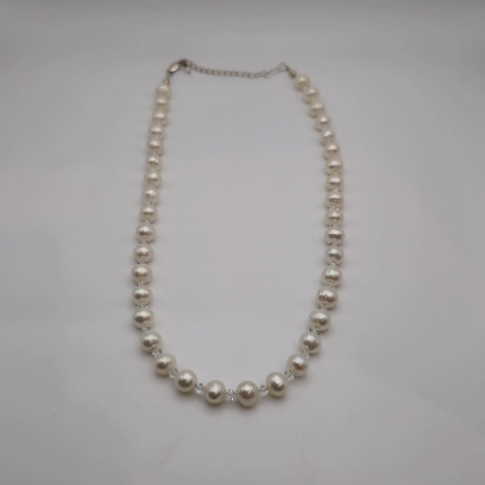 20 Inch Sterling Silver Genuine Pearls And Crystals Necklace B148 - Picture 2 of 7